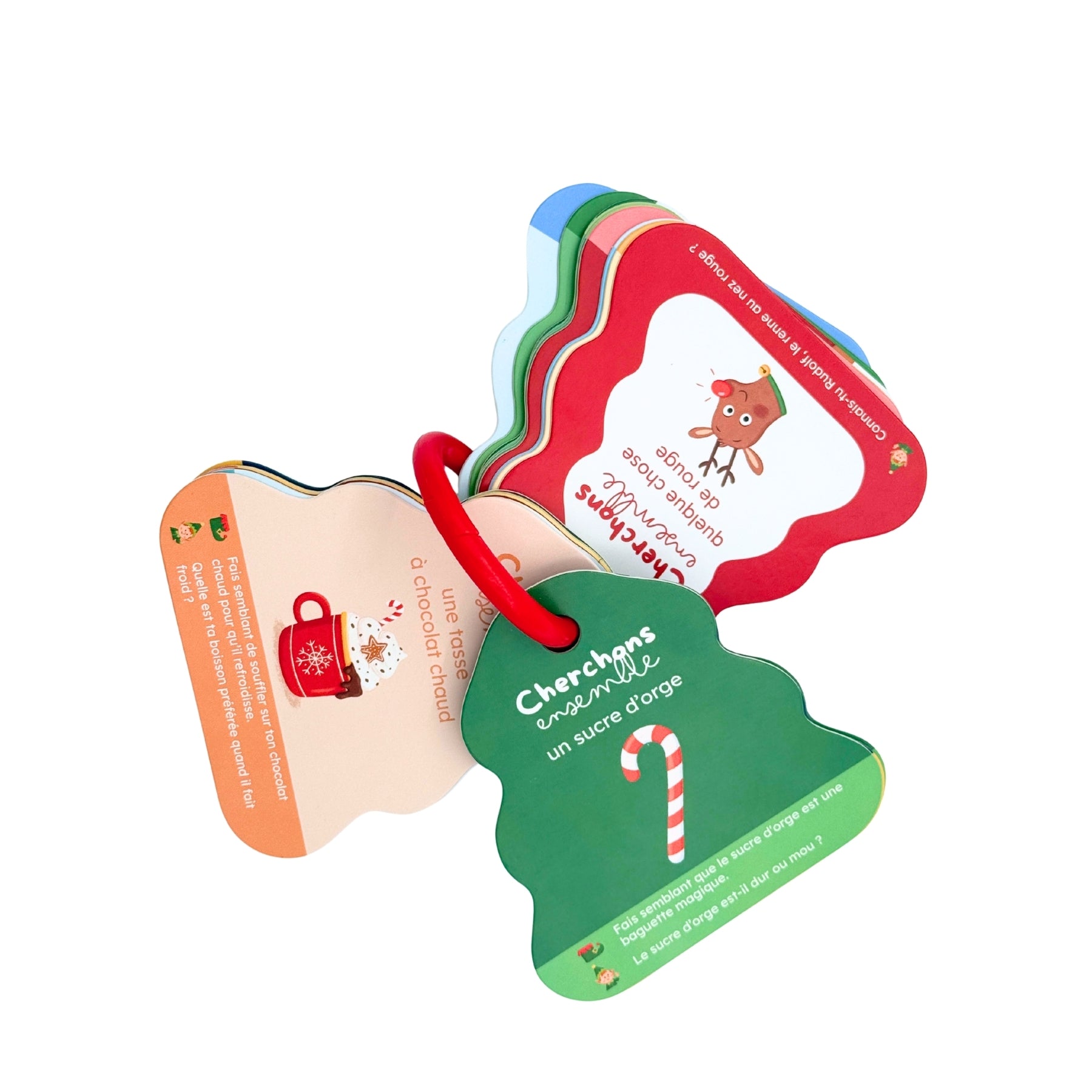 Exemple de cartes du jeu Cherchons ensemble edition Noel reliees par un anneau