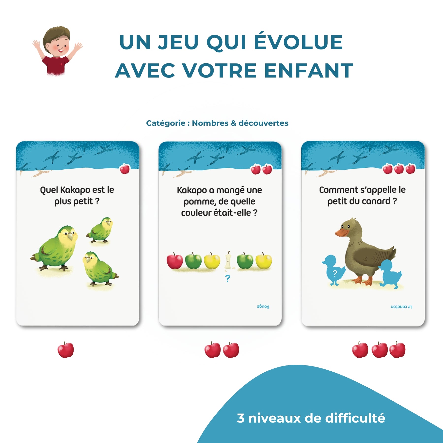 Exemples de carte pour chacun des 3 niveaux pour le thème nombres et découvertes