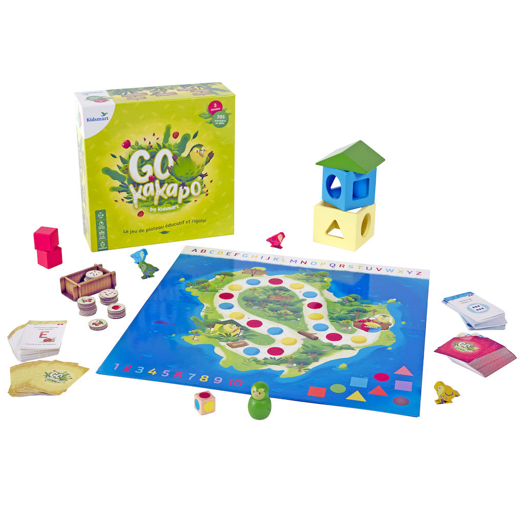 Contenu du jeu éducatif Go Kakapo avec plateau alphabet nombres cartes cubes en bois et panier